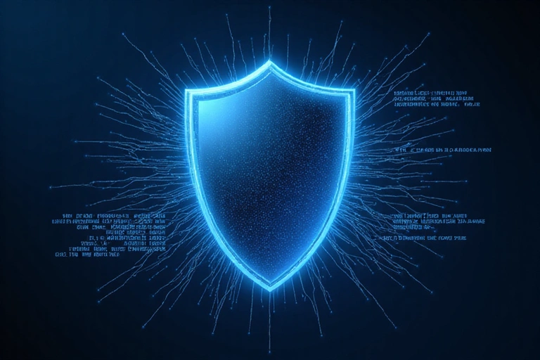 Cybersecurity shield icon with digital data flowing around it